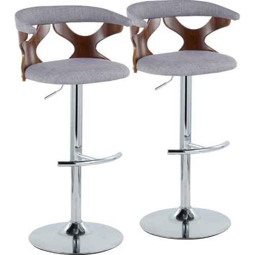 Gardenia Adjustable Swivel Bar Stool in Chrome, Walnut Wood & Light Grey Fabric (Set of 2)